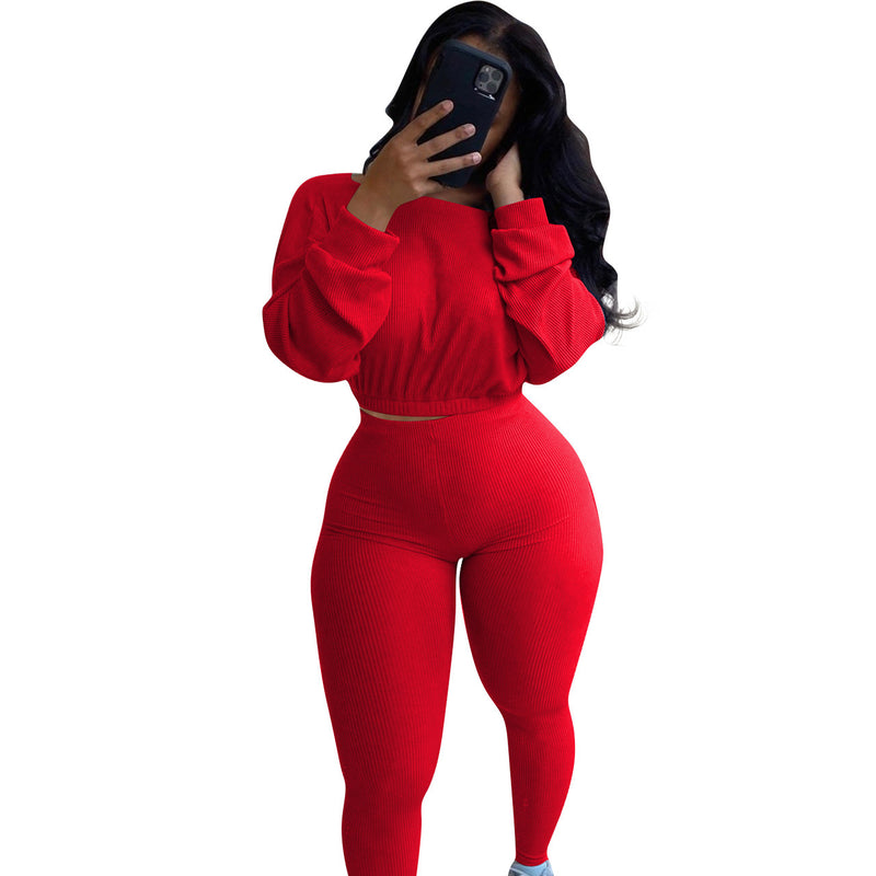 Ladies Fashion Autumn Ribbed Athleisure Suit