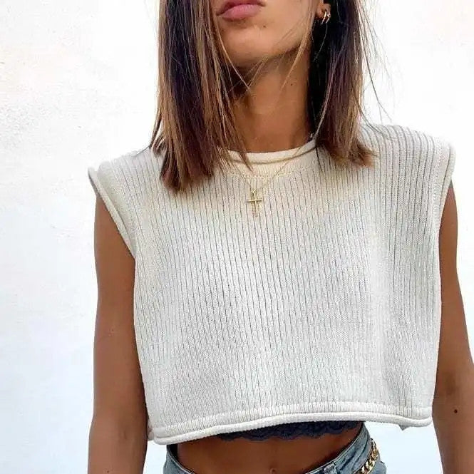 Cropped Tank Top Round Neck Cropped Sexy Knitted Sleeveless Top