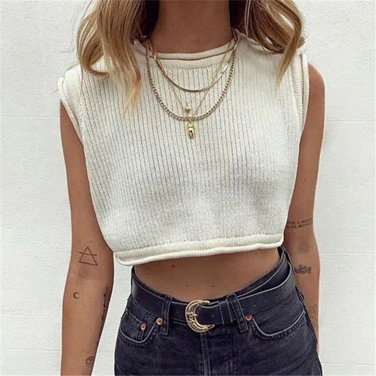 Cropped Tank Top Round Neck Cropped Sexy Knitted Sleeveless Top