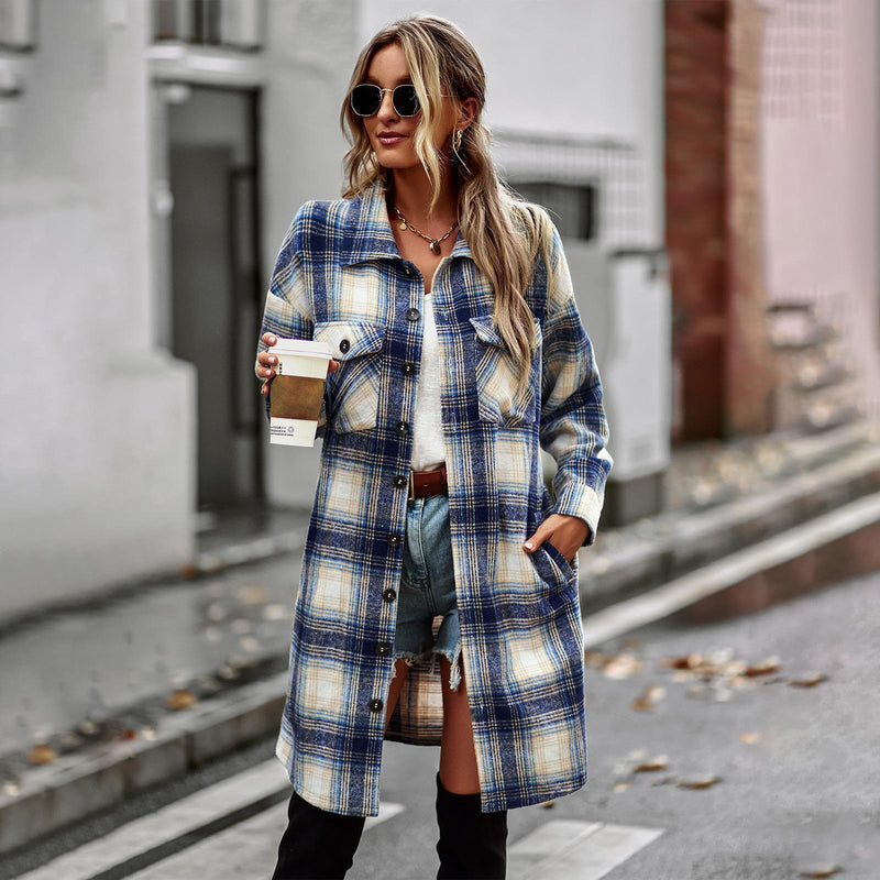 Temperament Leisure Long Plaid Tup Cardigan Coat