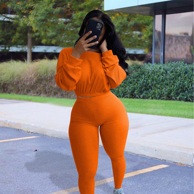 Ladies Fashion Autumn Ribbed Athleisure Suit