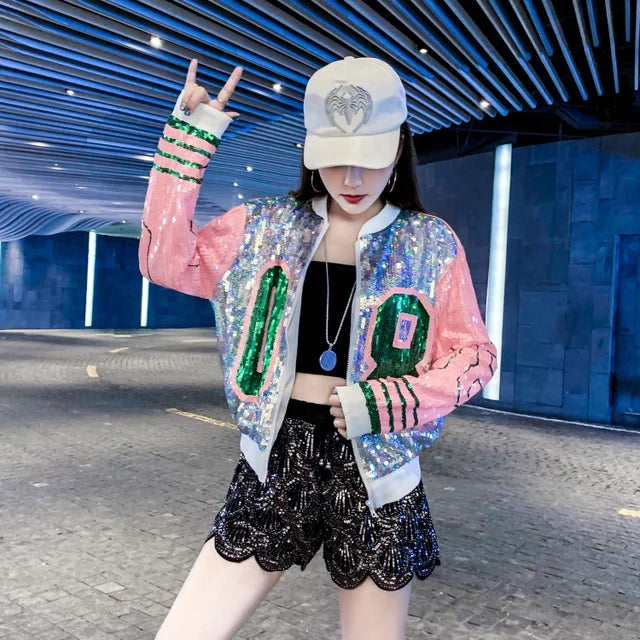 Spring And Autumn Print Streetwear Jacket Women Hip Hop Coat Long Sleeve Sequins Patchwork Women Jacket Outerwear