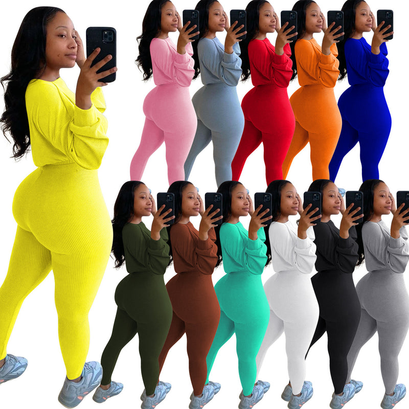 Ladies Fashion Autumn Ribbed Athleisure Suit