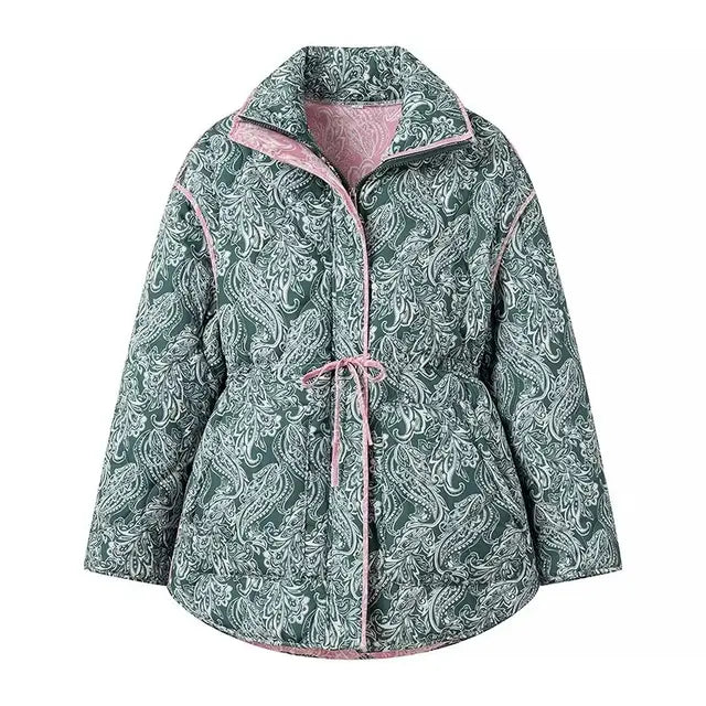 Vintage Thickened Printed Quilted Removable Cotton Coat Fashion Long Sleeved All-Match Casual Outerwear