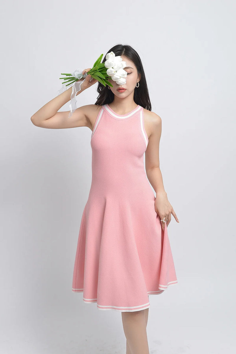 Hot Summer Sleeveless Baby Pink Sweet Women Knitting Ball Gown Quality Halter Tank Dress