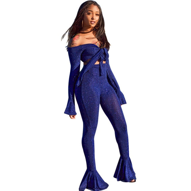 Sexy Woman Shining Wire 2 Piece Suit Tie Bow Off Shoulder Flare Sleeve Top And Skinny Pants High Stretchy Bell bottoms Outfits