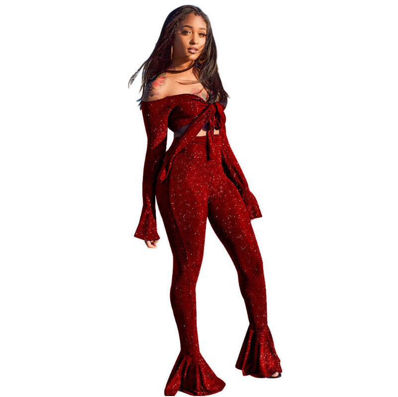 Sexy Woman Shining Wire 2 Piece Suit Tie Bow Off Shoulder Flare Sleeve Top And Skinny Pants High Stretchy Bell bottoms Outfits