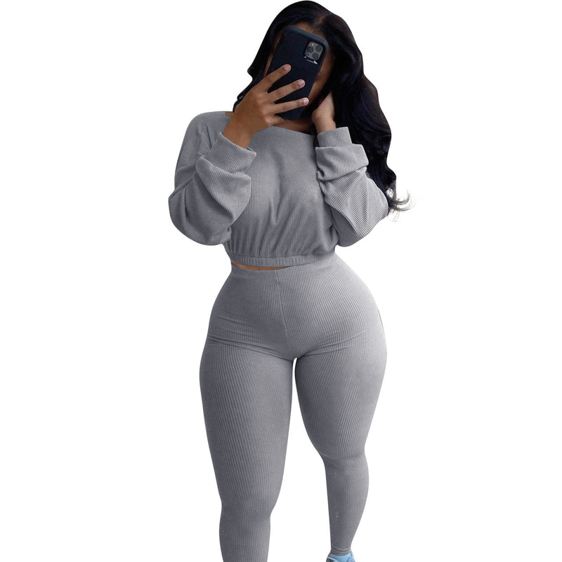 Ladies Fashion Autumn Ribbed Athleisure Suit