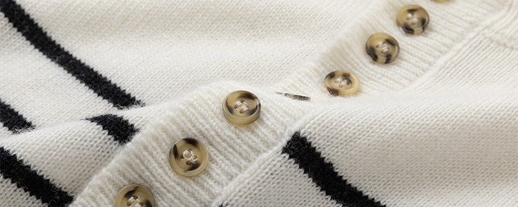 French Classic Black And White Striped Button Collar Sweater